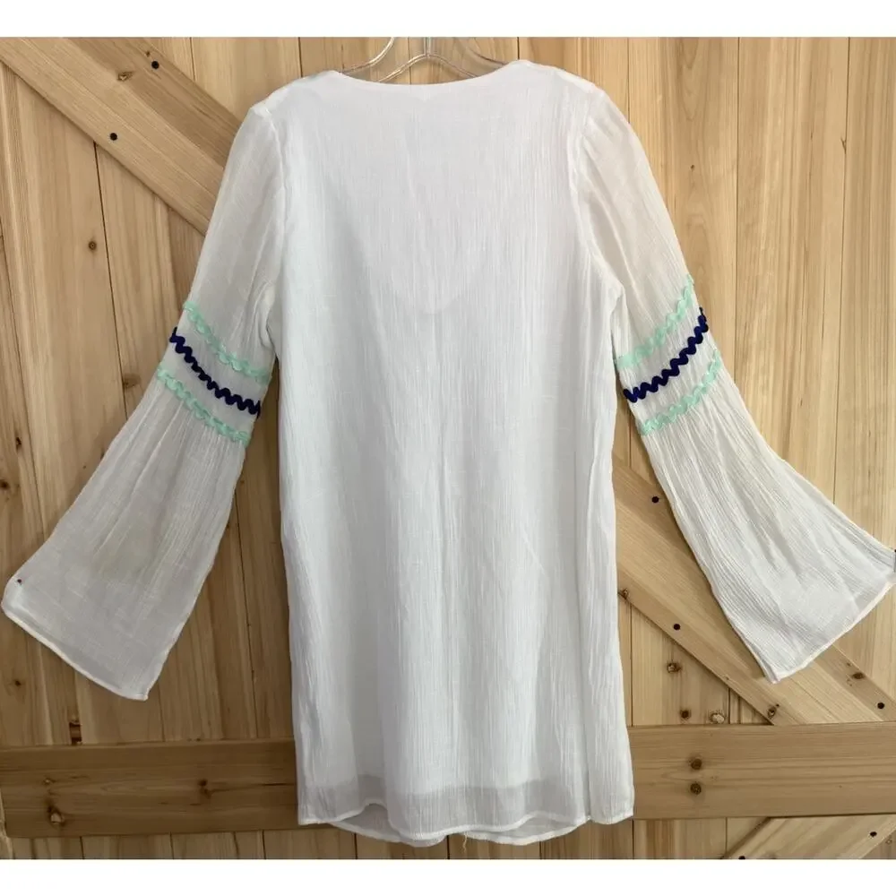 Judith March White Blue Gauze Tunic Top Coverup Vacation Resort Beach Club Sz M